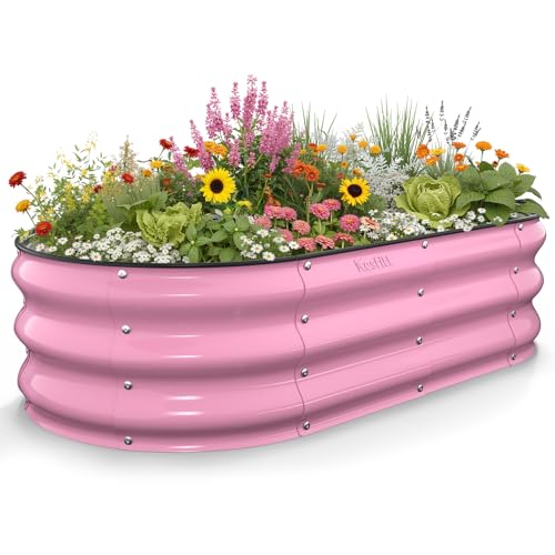Kesfitt Raised Garden Bed, 4x2x1 FT Galvanized Steel Metal Raised Garden Bed, Oval Open-Bottom Design, 12-Inch Deep for Outdoor Vegetable & Herb Gardening, Blushing Pink - color: Blushing Pink, size: 4x2x1FT