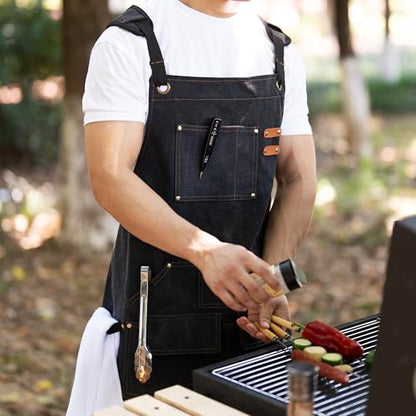 Tosewever Work Aprons for Men with Large Pockets, Canvas Cross Back Heavy Duty Adjustable Tool Aprons for Chef Cooking BBQ - color: Black