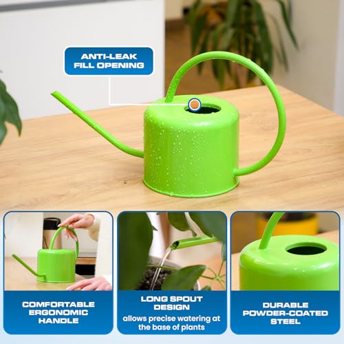 Plexon Long Spout Watering Can Indoor Plants, 40 oz Small Watering Can Pot Metal for Garden Flowers House Plants Mini, Powder Coated,Gift for Mom Girlfriend Daughter, Green - color: Green, 40 Oz