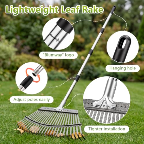 Adjustable Leaf Rake, Lightweight 18" Wide Garden Rake, 62" Long Handle