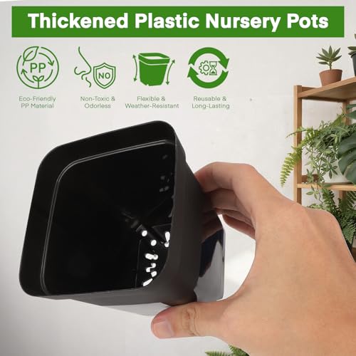 GREANER 50 Pcs Nursery Pots 4 Inch, 5 Packs 12 Inch Reusable Seed Starter Tray, Plastic Sturdy Planting Pots with 20PCS Plant Labels for Indoor Outdoor - size: 4" Pots-50PCS + 12" Trays-5PCS
