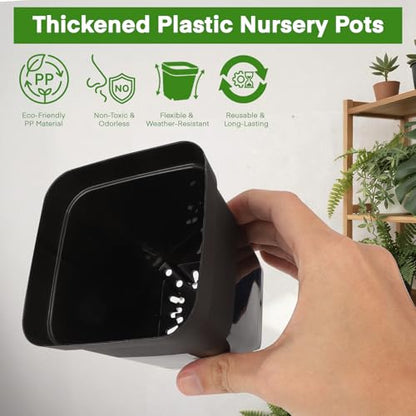 GREANER 50 Pcs Nursery Pots 4 Inch, 5 Packs 12 Inch Reusable Seed Starter Tray, Plastic Sturdy Planting Pots with 20PCS Plant Labels for Indoor Outdoor - size: 4" Pots-50PCS + 12" Trays-5PCS