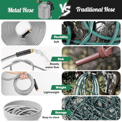 Kebose Garden Hose 50FT, Stainless Steel Hose with 10 Functional Nozzles - color: Silver, size: 50ft