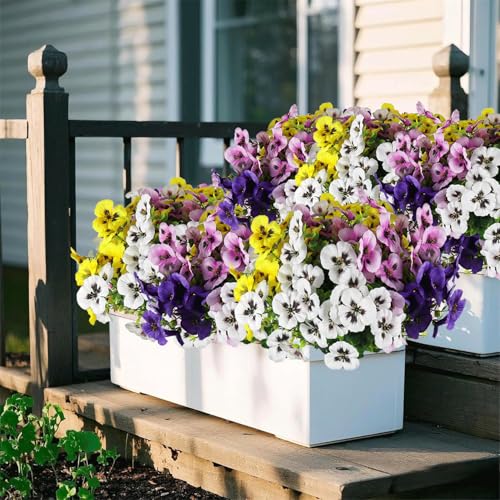 Artificial Fake Pansy Flowers for Outdoor, UV Resistant Faux Silk Pansies Spring Flowers, for Planter Front Door Porch Yard Patio Window Box Home Decor 12 Bundles (Yellow Purple White Pink)