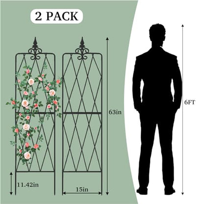 62"x15" Metal Garden Trellis, Black, Durable Powder-Coated, 2 Pack