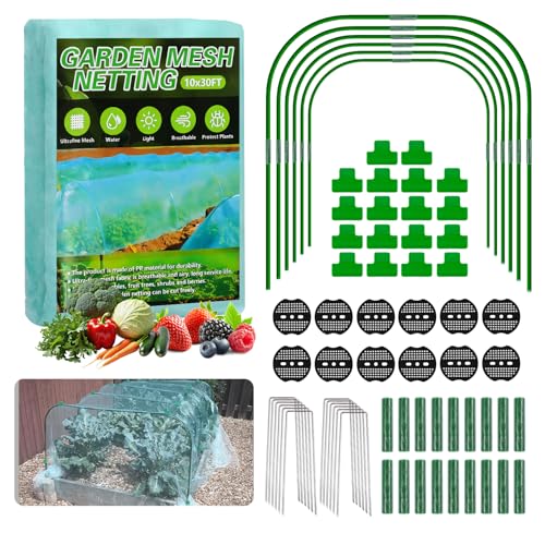 Garden Mesh Netting Kit, 10x30FT Green Ultra Fine Netting with 6 Sets Wide Garden Hoops & 18 Clips, Raised Garden Bed Netting with Frame, Row Cover, Plant Barrier for Vegetables Fruits