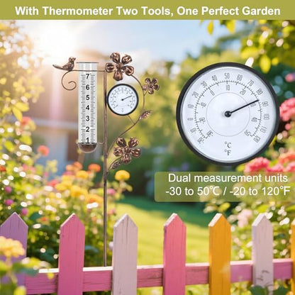 Rain Gauge Outdoor with Thermometer Garden Decorative, Bird Rain Gauges