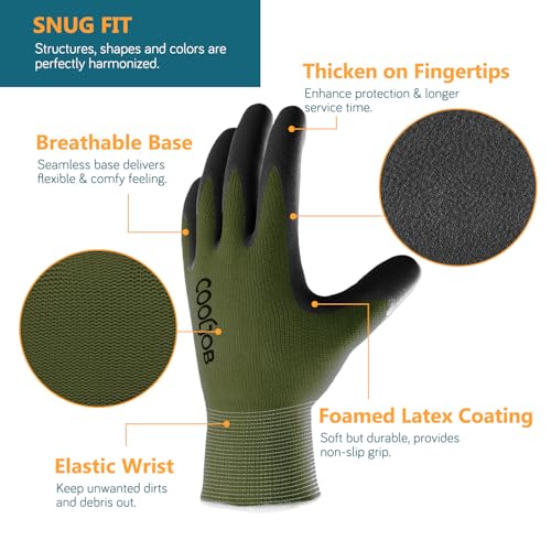 COOLJOB 2 Pairs Gardening Gloves for Men, Breathable Rubber Coated, Large - color: Black & Green (Latex), size: Large (Pack of 2)