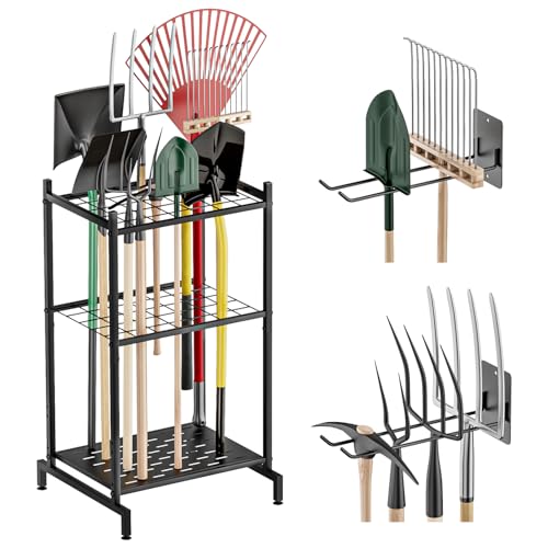 Garden Tool Organizer with 2 Pack Wall Mounted Racks, Holds 35+ Long-Handled Tools, Heavy Duty Metal Yard Tool Storage Stand for Garage, Shed & Outdoor Organization, Black