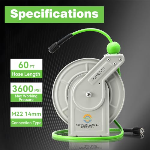 PWACCS Retractable Pressure Washer Hose Reel, 1/4" x 60ft
