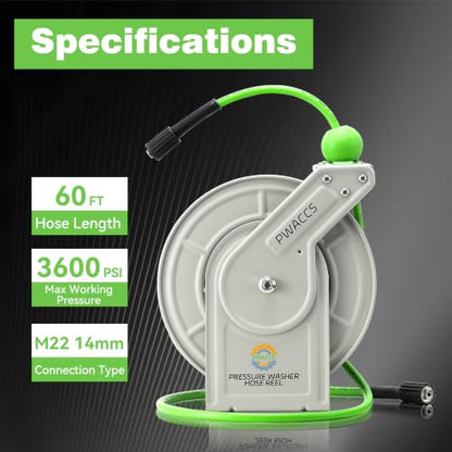 PWACCS Retractable Pressure Washer Hose Reel, 1/4" x 60ft, Auto Rewind
