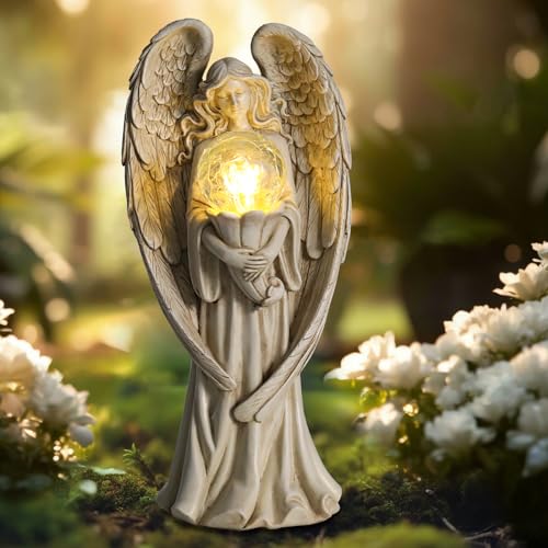 Garden Angels Outdoor Statue, Solar Angel with Crackled Glass Globe Outdoor - color: White