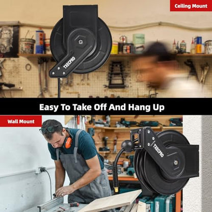 Retractable Air Hose Reel, 3/8 IN x50FT Hybrid Air Hose,Max 300 PSI, Air Compressor Hose Reel with 5 ft Lead in, Ceiling/Wall Mounted,Heavy Duty Air Tool - size: Standard