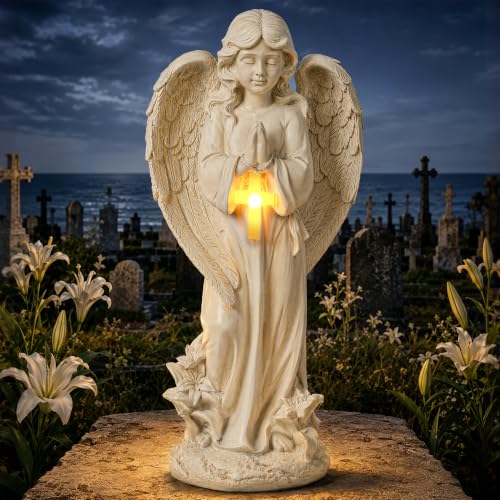Solar Angel Statue Glowing Cross Outdoor Garden Memorial Decor - color: White-angel 03