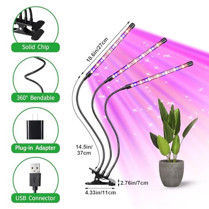 LED Plant Grow Light, Suitable for Indoor Plants, Full Spectrum Clip on Plant Growing Light with Red, Blue, Yellow Beads, 10 Brightness Levels, 3 Light Modes, 3/9/12H Auto Timer, 3 Head - size: Red+Blue+Yellow-3Head 1Pack