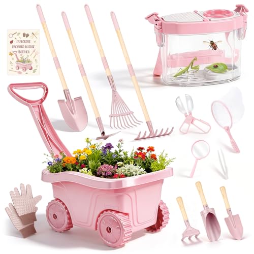 Dreamon Kids Gardening Set, 14Pcs Kids Gardening Tool with Bug Catching Kit - color: Pink