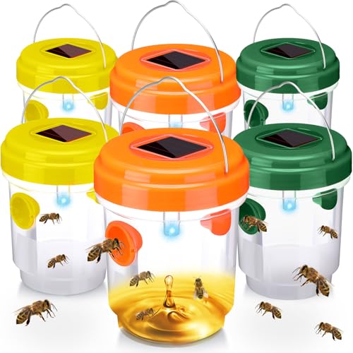 6 Pack Wasp Trap Solar Powered Bee Trap Reusable Fly Traps Outdoor Hanging Wasp Killer with UV LED Light Flying Insect Bee Killer for Indoor Outside Patio Home(Orange, Green, Yellow,6 Packs) - color: Orange, Green, Yellow