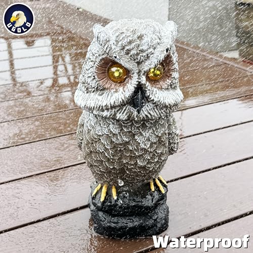 Solar Powered Owl with Motion Detection, Silent Mode, Flashing Eyes, Rotatable Head and Realistic Hoots, Plastic Owl Decoration for Home, Garden, Patio and Fence