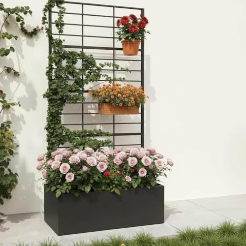 Metal Planter Box with Trellis, 35" Lx15.7 Wx70.8 H Metal Raised Garden Bed with Trellis and Drainage Holes, Outdoor Standing Flower Bed for Climbing Plants,Vegetables,and Vines - size: 1 PCS 35" Lx15.7" Wx70.8" H