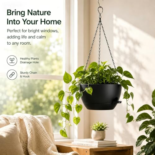 12 Inch Self Watering Hanging Planters, Black, 2 Pack - color: Black