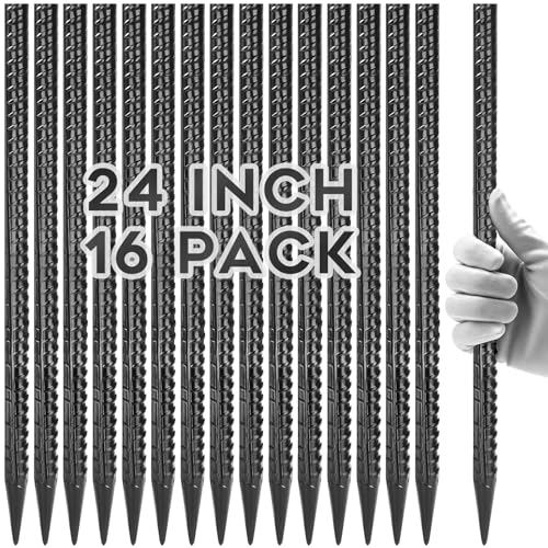 Gbekery Straight Rebar Stakes 24 Inches (16pcs) Heavy Duty Straight Metal Ground Anchors with Chisel Point Ends for Timber,Concrete,Plant Support,Camping Tents,1/2 Inch Thickness Garden Stakes,Black - size: 24 Inch