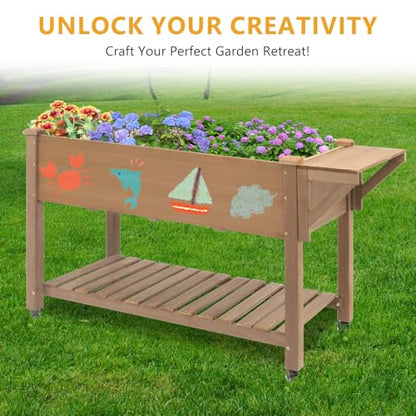 ketive Raised Garden Bed with Lockable Wheels Mobile Elevated Wood Planter,Storage Shelf, Protective Liner,55.5x24x32in (Brown) - size: 55.5" x 24" x 33"