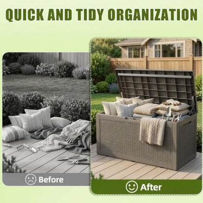 ROJIK 160 Gallon Deck Box, Lockable Waterproof Resin Storage Box Grey - color: Grey, size: 160 Gallon