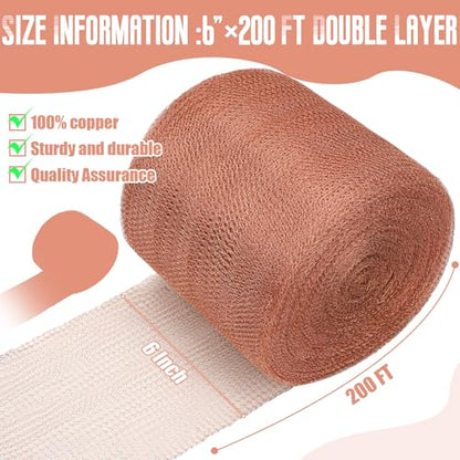Therwen 6" X 200 ft Copper Mesh Rodent Control Roll, 100% Pure Copper Wool - size: 6" X 200 ft