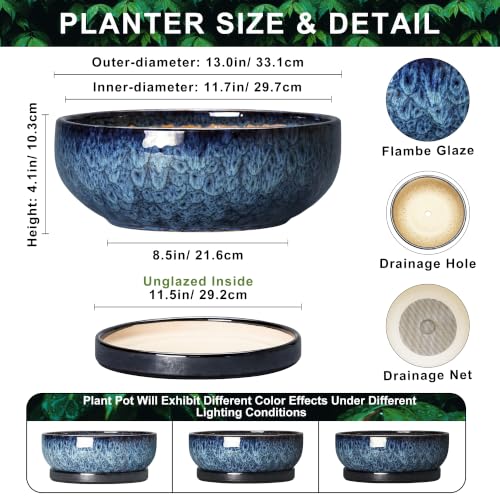Bonsai Pots, 13 Inch Ceramic Succulent Pot with Saucer, Blue - color: Blue, size: 13 Inch