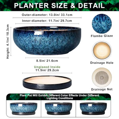Bonsai Pots, 13 Inch Ceramic Succulent Pot with Saucer, Blue - color: Blue, size: 13 Inch