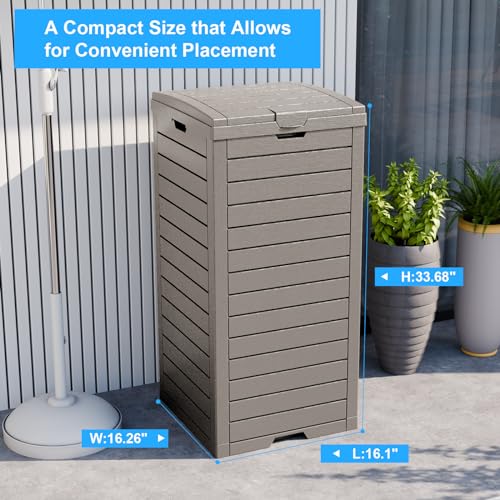 Outdoor Trash Can with Lid, Outdoor Trash Bin & Pull-Out Liquid Drawer, Dual Lid Closure Design, Waterproof Resin Garbage Can Container for Patio, Backyard, Deck (Grey, 38 Gallon)