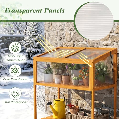 Giantex Wood Cold Frame Greenhouse, Raised Flower Planter Protection with Transparent Openable Roof & Slatted Shelf, Indoor Outdoor Hot House for Garden Balcony, 36”x20”x42” - size: 36”x20”x42”