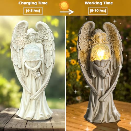 Garden Angels Outdoor Statue, Solar Angel with Crackled Glass Globe Outdoor - color: White