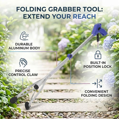 31.5in Reacher Grabber Tool, Lightweight Aluminum Alloy - color: Blue Handle