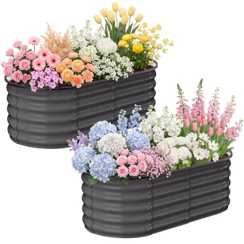 2 Pack 5x2x1.4ft Galvanized Raised Garden Bed Outdoor, 2-in-1 Oval & Rounded Square Metal Raised Garden Bed Planter Box, Planter Raised Beds for Gardening, Open Bottom, Safety Edge - Dark Gray
