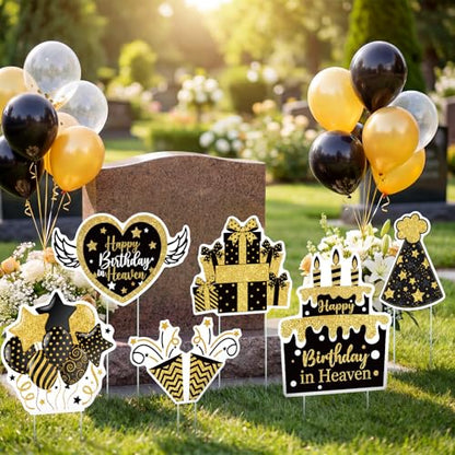 Sieral 6 Pcs Black Gold Happy Birthday in Heaven Decor Funeral Grave Sign - style: Black Gold