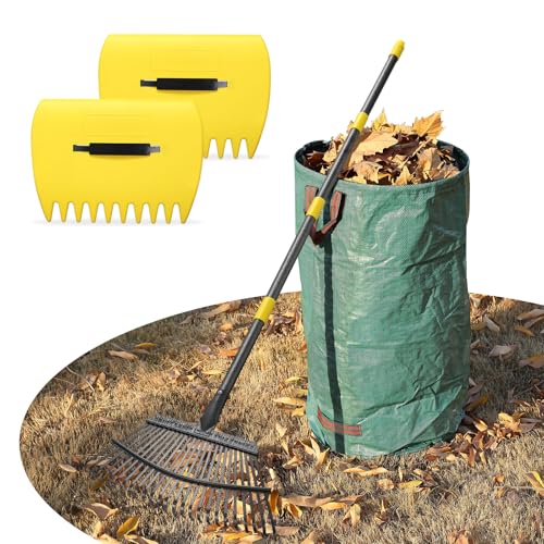 Leaf Rake 18” Wide Heavy Duty Metal 25 Tines Garden Rake Set with 30-75” Adjustable Long Handle for Yard Grass Shrub Mulch Including 32Gallon Garden Bag Leaf Scoops