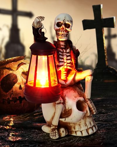 twinbling 2025 Solar Halloween Decorations Outdoor,Skeleton Figurine Halloween Table Decoration for Outdoor,Skull Statue with Red LED Lantern,Skull Decor for Patio Lawn Yard Balcony Garden Home - color: A-skull