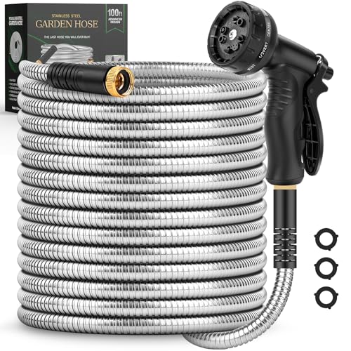 Garden Hose 100FT, Metal Stainless Steel Water Hose with 10 Function Nozzle - color: Silver, size: 100FT