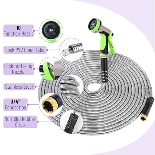 UNCO- Metal Garden Hose, 25 ft, Stainless Steel, Heavy Duty Flexible Hose with 10-Function Spray Nozzle & 3 Extra Washers, No-Kink, Lightweight, Puncture Proof for Outdoor Yard, Lawn, Plants, Car Wash