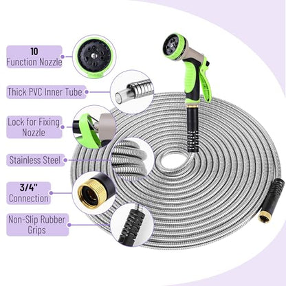 UNCO- Metal Garden Hose, 25 ft, Stainless Steel, Heavy Duty Flexible Hose with 10-Function Spray Nozzle & 3 Extra Washers, No-Kink, Lightweight, Puncture Proof for Outdoor Yard, Lawn, Plants, Car Wash
