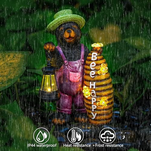 Joint Honglin Honey Bear Garden Statue with Lighted Beehive & Lantern - color: Honey Bear