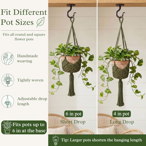 Boho Macrame Plant Hanger with Hooks, Rope Hanging Baskets for Plants - color: Green 2pack Pots Not Included