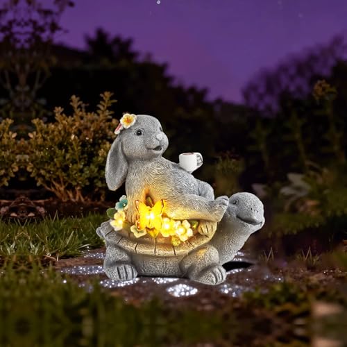 Solar Rabbit Turtle Statue Garden Decor for Outside,Hand-Painted Resin Fun Bunny Figurine Lawn Decorations Outdoor,Animal Yard Statues for Patio,Balcony,Backyard Gifts for Grandma Mom Dad