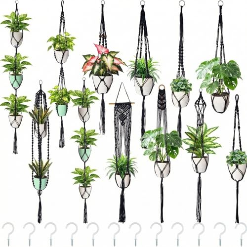SATINIOR 12 Pcs Macrame Plant Hangers Handmade Boho Hanging Planters 12 Different Tiered Designs with 12 Hooks for Flower Pots Indoor Outdoor Decorative Wall Hanging Baskets for Home (Gothic,Black) - color: Black, style: Gothic