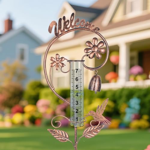 Rain Gauge Outdoor,Hummingbird Rain Gauges with Bell Design,Decorative Large Number Plastic Tube Freeze Proof Metal Rain Measure Water Gauge Welcome Sign for Garden Yard