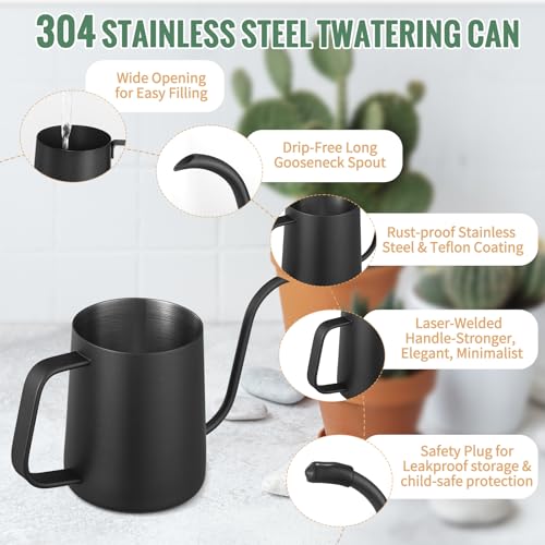 Small Watering Can Indoor Plants 20 OZ Mini Metal Watering Can Leakproof - color: Black 600