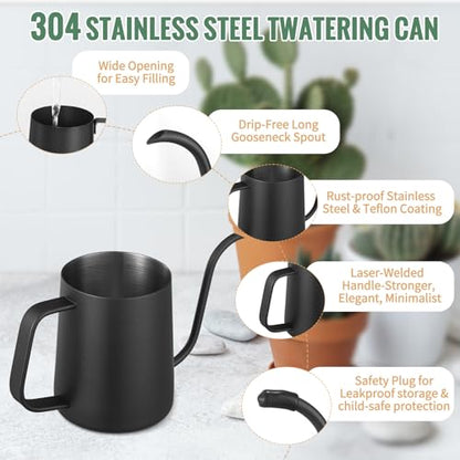 Small Watering Can Indoor Plants 20 OZ Mini Metal Watering Can Leakproof - color: Black 600