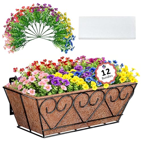 Halatool Railing Planter Box with Artificial Flowers, All Season Home Decor