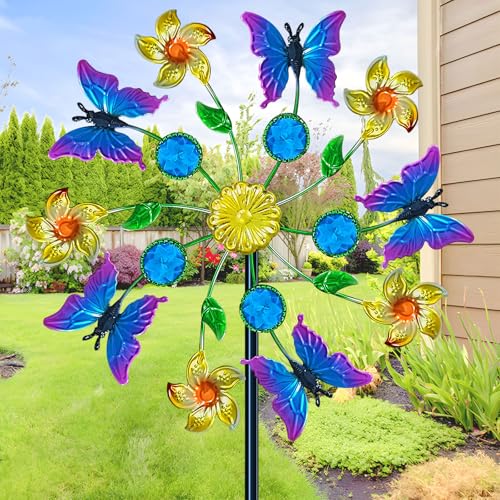44" Butterfly Garden Wind Spinners - Metal Outdoor Stake Spinner Windmills, Wind Sculpture Yard Art Decorations for Patio & Lawn - size: 44" Butterfly